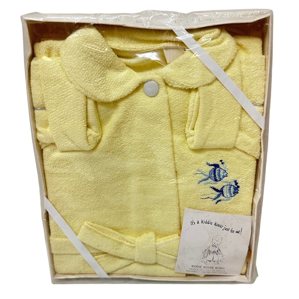 Vintage Kiddie Kover Yellow Terry Robe Infant 12-24 Months Cotton Fish NOS Boxed